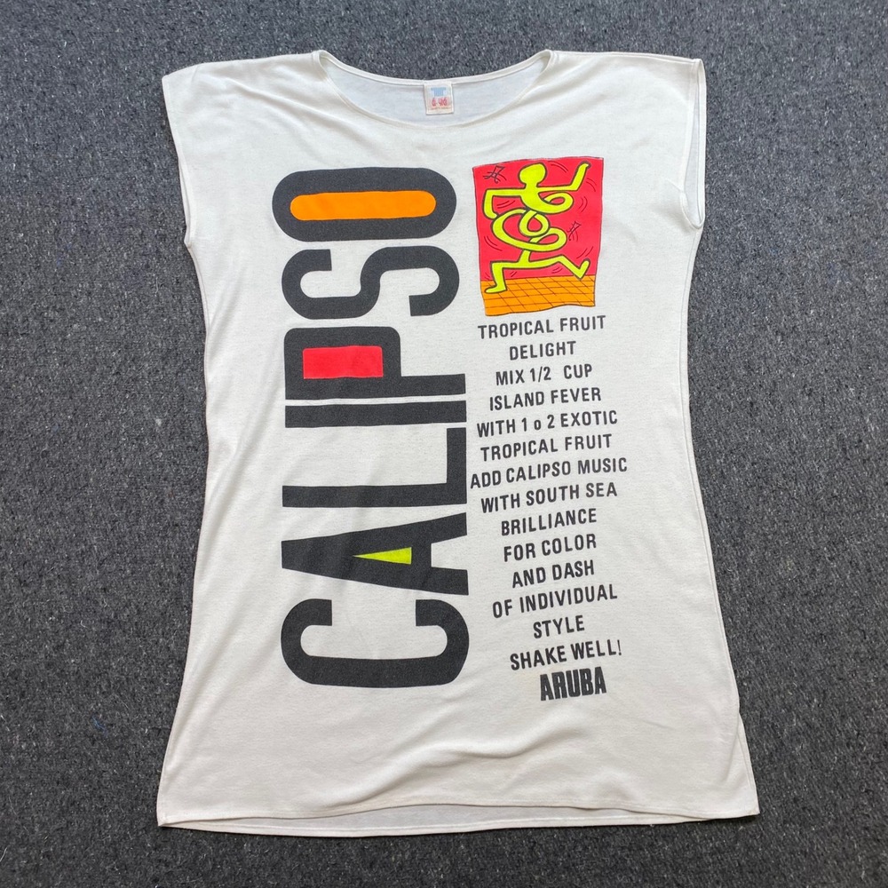 di yidi Calipso Aruba Graphic TShirt Sz S Womens White Retro 80s Muscle Tee